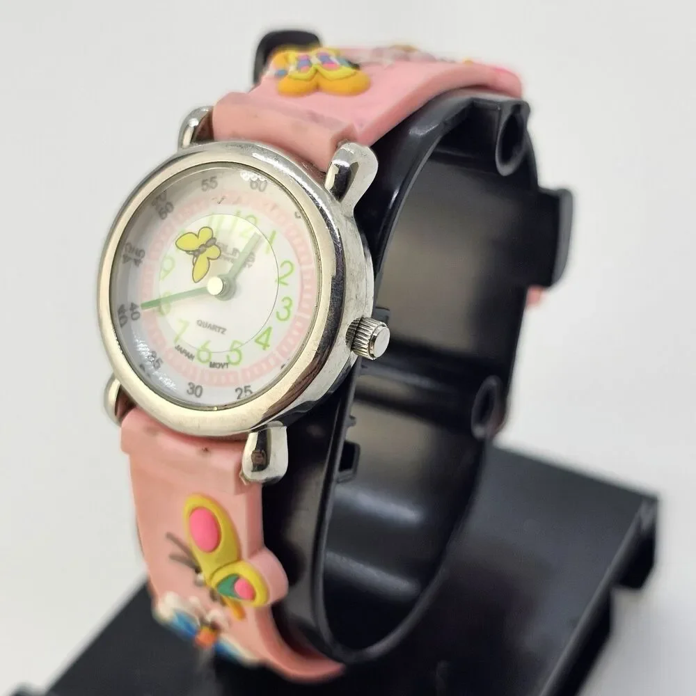 Floating Butterfly Second Hand Kids Watch 27MM White Dial Pink Bands New Battery